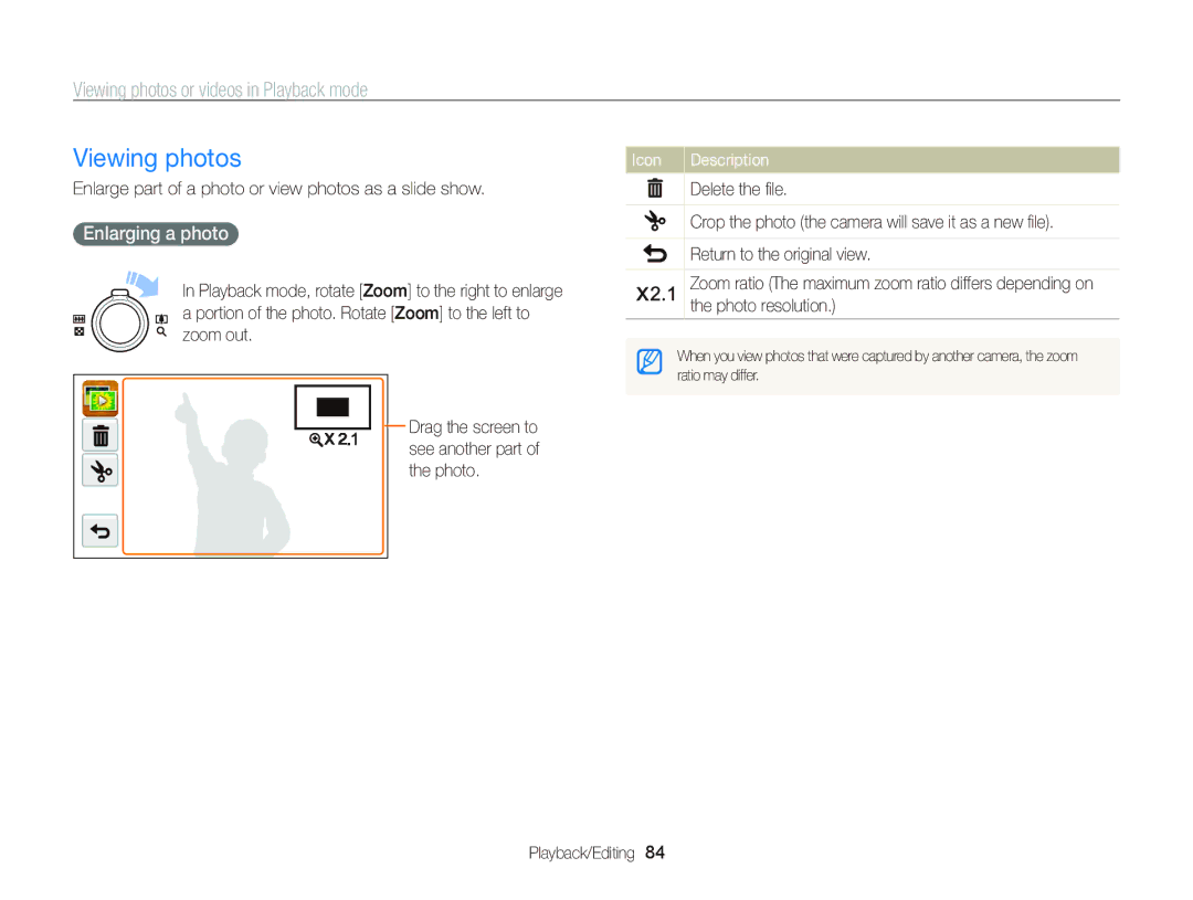 Samsung EC-WB210ZDPSIR manual Viewing photos, Enlarging a photo, Enlarge part of a photo or view photos as a slide show 