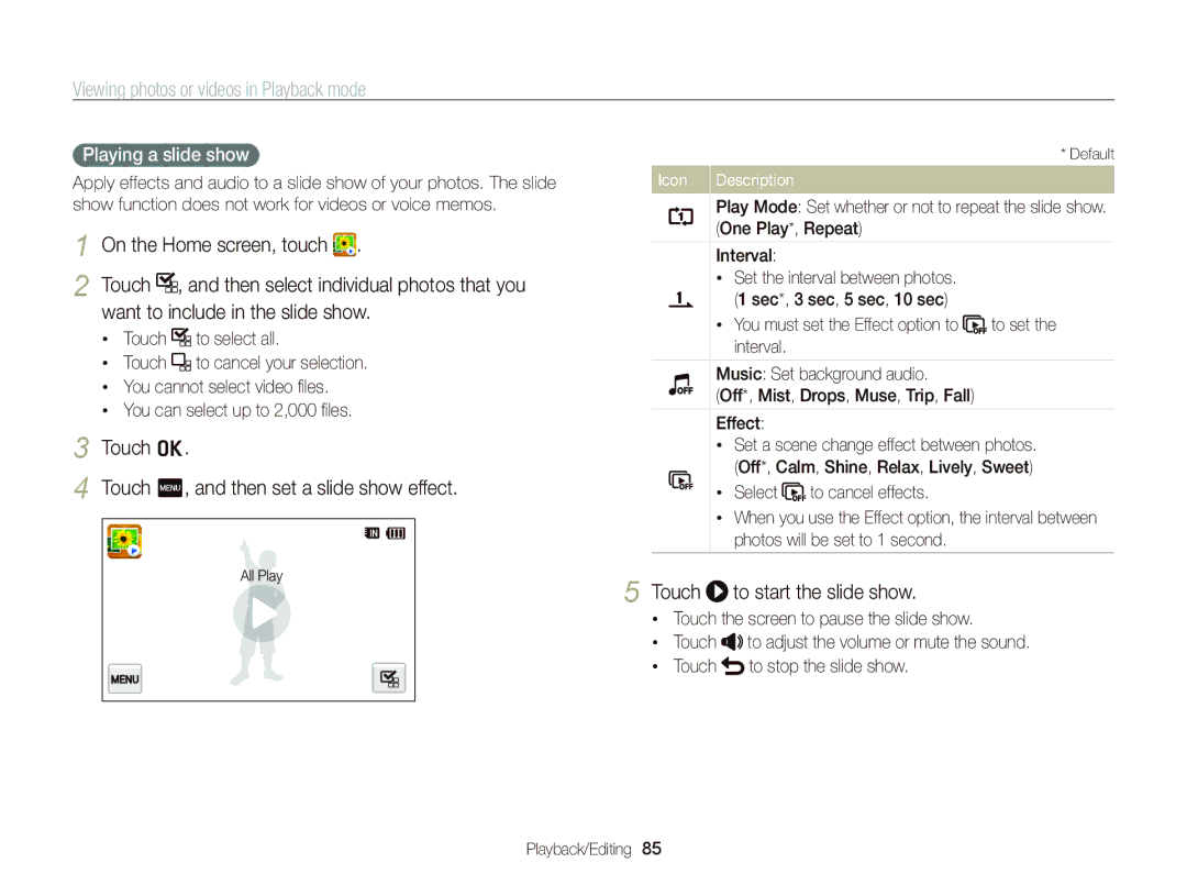 Samsung EC-WB210ZBPBSA manual Want to include in the slide show, Touch o Touch m, and then set a slide show effect 