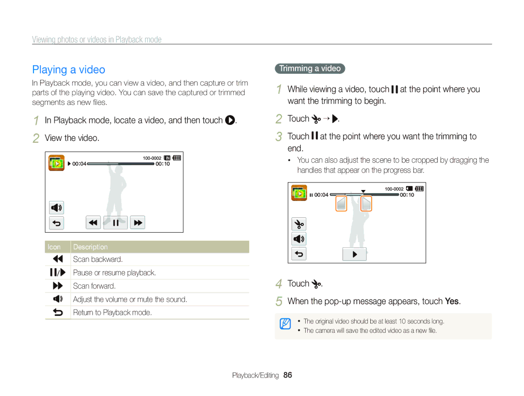 Samsung EC-WB210ZDPBME manual Playing a video, End, Touch When the pop-up message appears, touch Yes, Trimming a video 