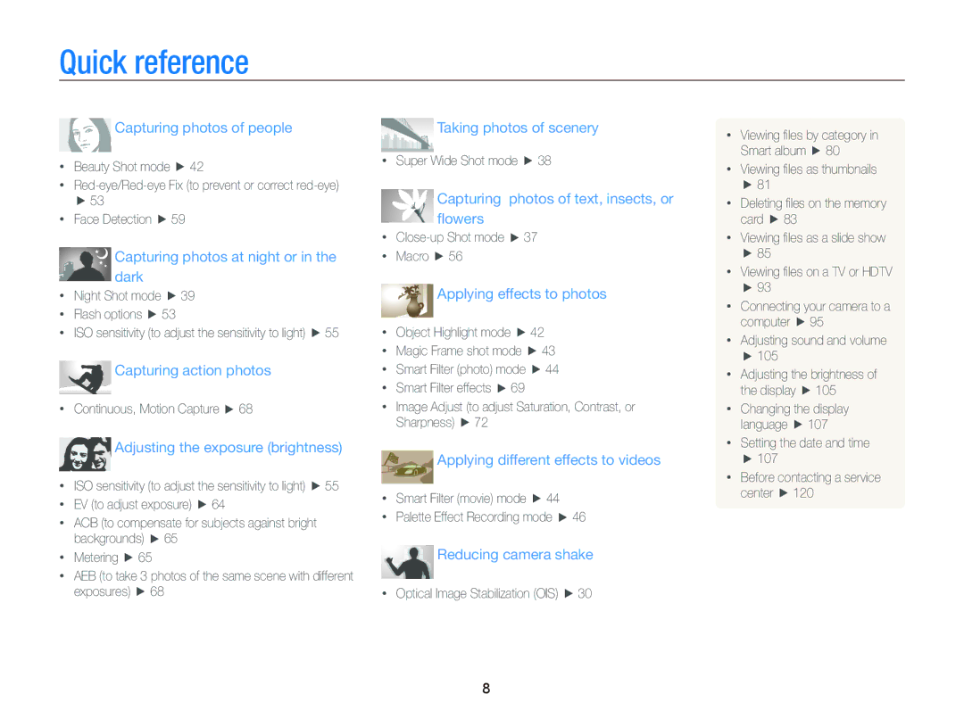 Samsung EC-WB210ZBPSIL, EC-WB210ZBPRE1, EC-WB210ZBPBE1, EC-WB210ZBPSSA Quick reference, Adjusting the exposure brightness 