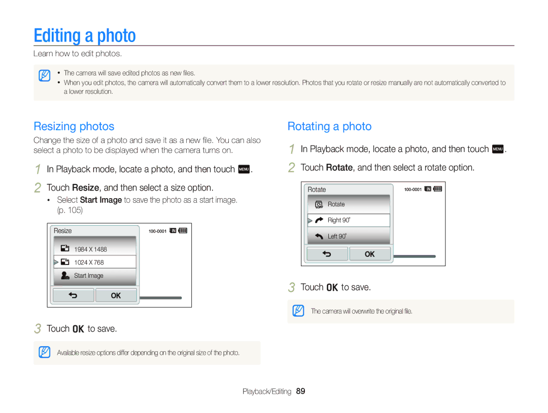Samsung EC-WB210ZDPBIR, EC-WB210ZBPRE1 manual Editing a photo, Resizing photos, Rotating a photo, Learn how to edit photos 