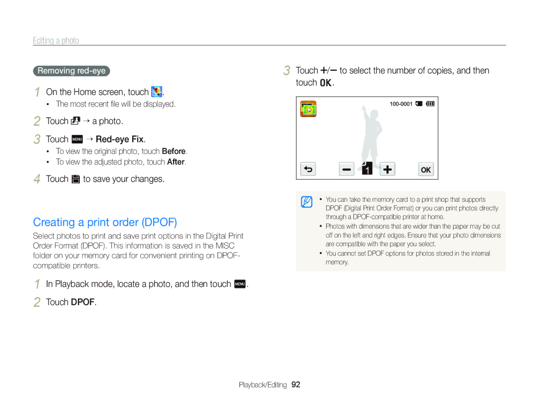 Samsung EC-WB210ZBDBVN manual Creating a print order Dpof, Touch “ a photo, Removing red-eye, Touch m “ Red-eye Fix 