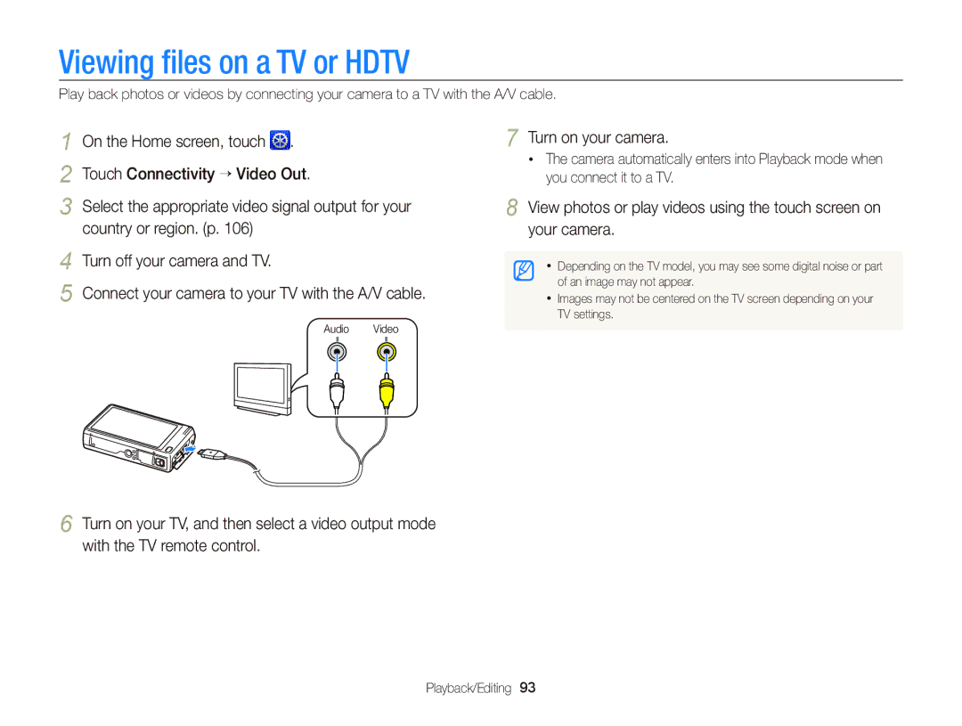 Samsung EC-WB210ZBPBE3, EC-WB210ZBPRE1 Viewing ﬁles on a TV or Hdtv, Touch Connectivity “ Video Out, Country or region. p 