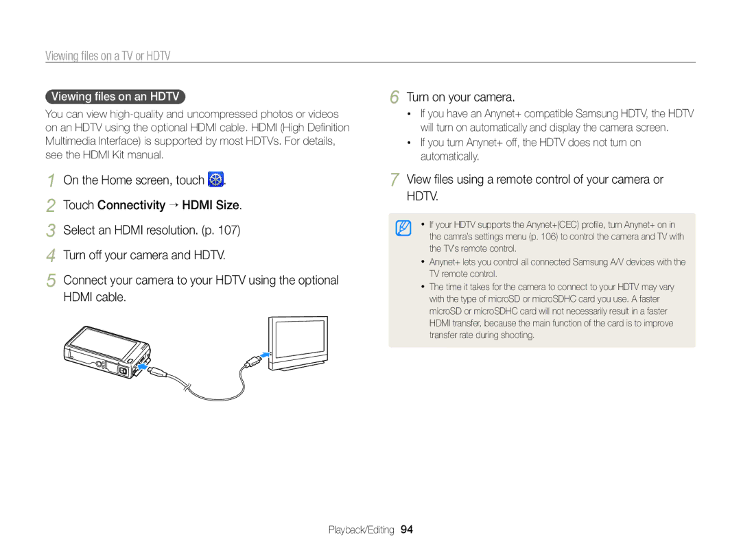 Samsung EC-WB210ZBPSE3, EC-WB210ZBPRE1, EC-WB210ZBPBE1, EC-WB210ZBPSSA, EC-WB210ZDPRIR manual Viewing ﬁles on a TV or Hdtv 