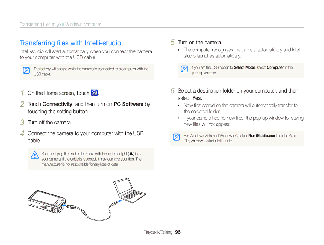 Samsung EC-WB210ZBPBE2 manual Transferring ﬁles with Intelli-studio, Transferring ﬁles to your Windows computer, Cable 