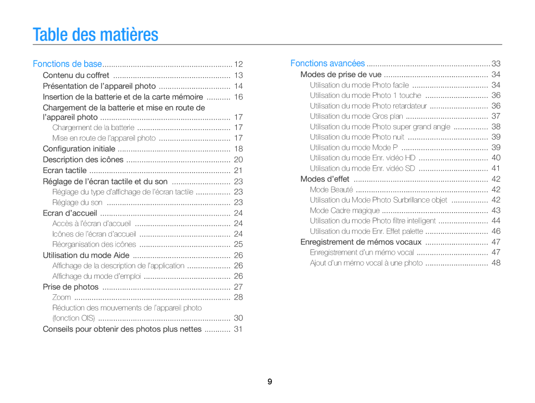 Samsung EC-WB210ZBPRE1, EC-WB210ZBPBE1 manual Table des matières, Conseils pour obtenir des photos plus nettes 