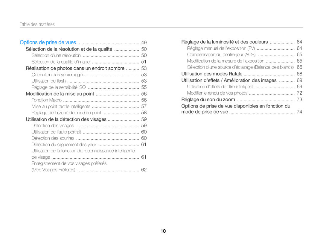 Samsung EC-WB210ZBPBE1, EC-WB210ZBPRE1 manual Table des matières, Réalisation de photos dans un endroit sombre 
