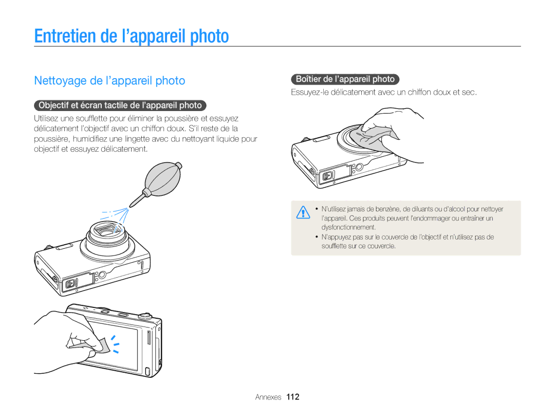 Samsung EC-WB210ZBPBE1 manual Entretien de l’appareil photo, Nettoyage de l’appareil photo, Boîtier de l’appareil photo 