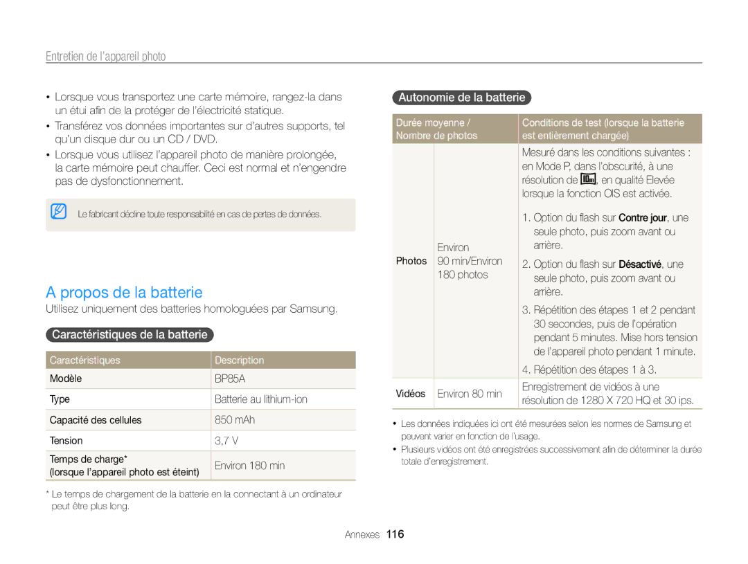 Samsung EC-WB210ZBPBE1, EC-WB210ZBPRE1 Propos de la batterie, Caractéristiques de la batterie, Autonomie de la batterie 