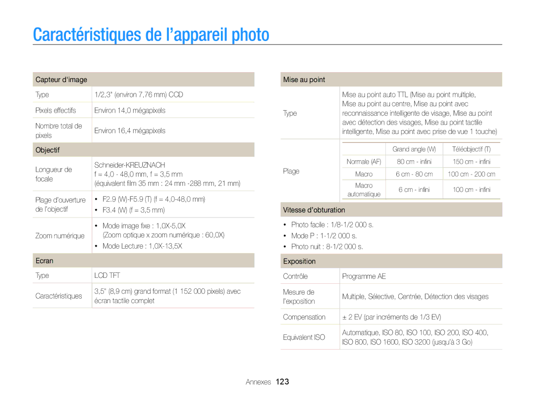 Samsung EC-WB210ZBPRE1, EC-WB210ZBPBE1 manual Caractéristiques de l’appareil photo 