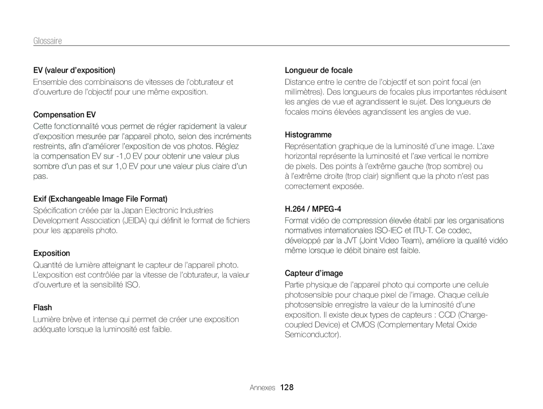 Samsung EC-WB210ZBPBE1, EC-WB210ZBPRE1 manual Glossaire, EV valeur d’exposition, Compensation EV, Histogramme 