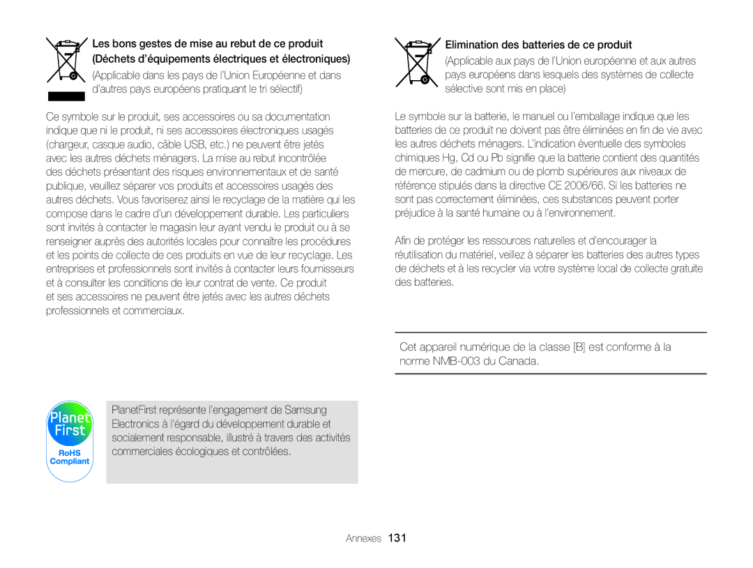 Samsung EC-WB210ZBPRE1, EC-WB210ZBPBE1 manual Elimination des batteries de ce produit 