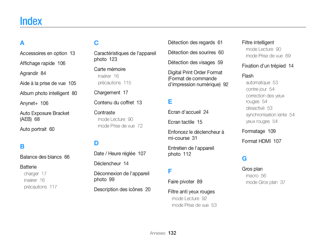 Samsung EC-WB210ZBPBE1 Index, Charger 17 insérer 16 précautions, Insérer 16 précautions, Macro Mode Gros plan Annexes 