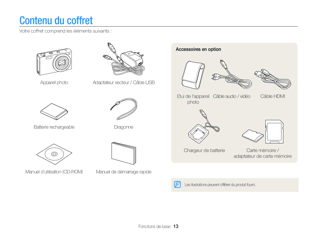 Samsung EC-WB210ZBPRE1 Contenu du coffret, Etui de l’appareil Câble audio / vidéo Câble Hdmi Photo, Chargeur de batterie 