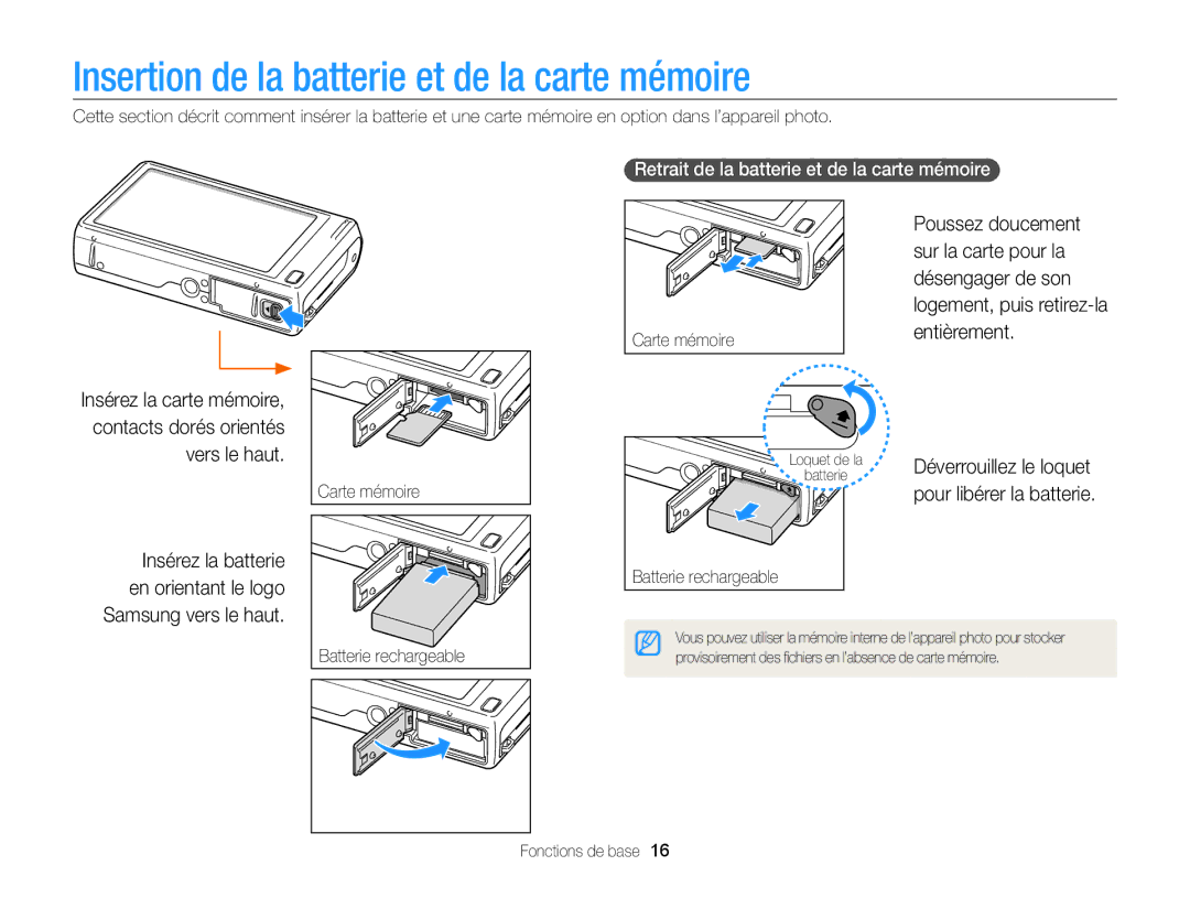 Samsung EC-WB210ZBPBE1 Insertion de la batterie et de la carte mémoire, Retrait de la batterie et de la carte mémoire 