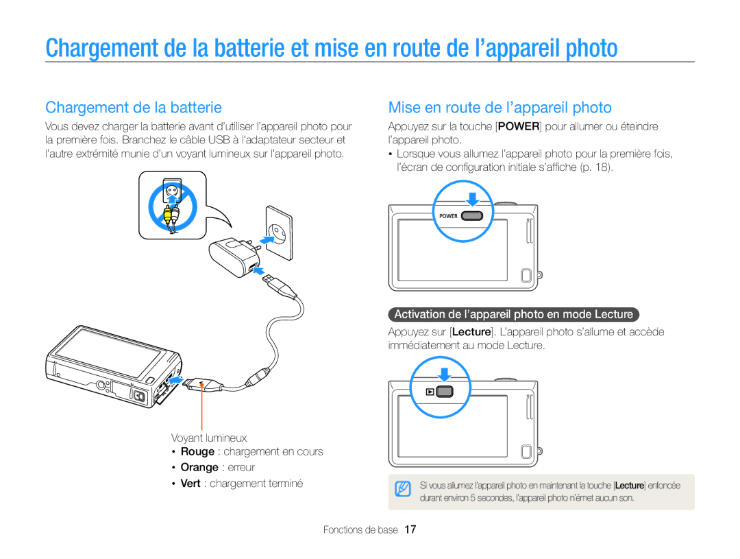 Samsung EC-WB210ZBPRE1, EC-WB210ZBPBE1 manual Chargement de la batterie, Mise en route de l’appareil photo 