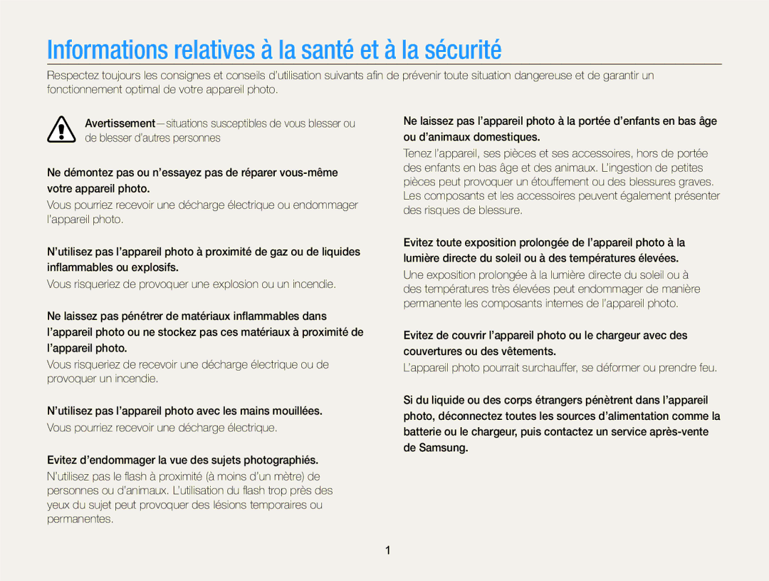 Samsung EC-WB210ZBPRE1, EC-WB210ZBPBE1 manual Informations relatives à la santé et à la sécurité 