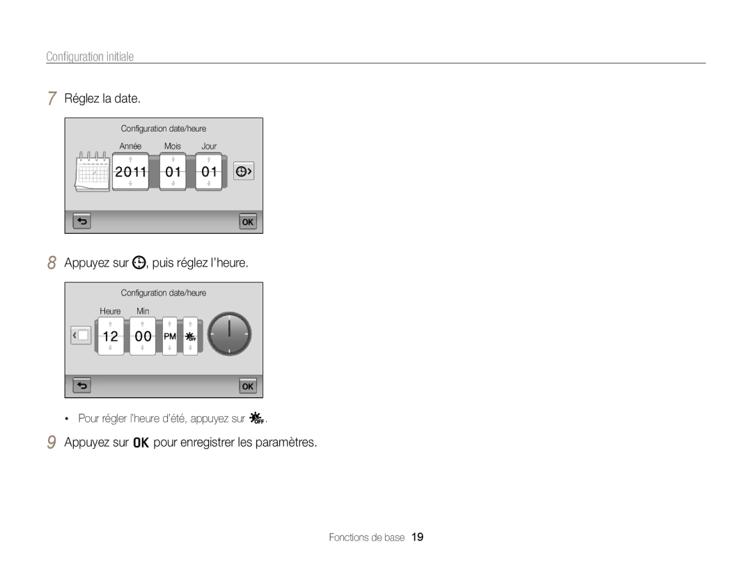 Samsung EC-WB210ZBPRE1, EC-WB210ZBPBE1 manual Conﬁguration initiale, Réglez la date, Appuyez sur , puis réglez l’heure 
