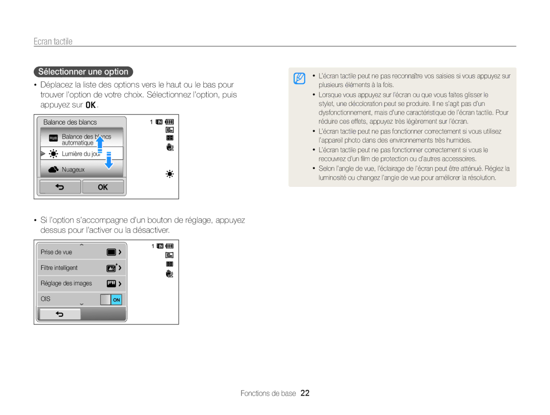 Samsung EC-WB210ZBPBE1, EC-WB210ZBPRE1 manual Ecran tactile, Sélectionner une option 