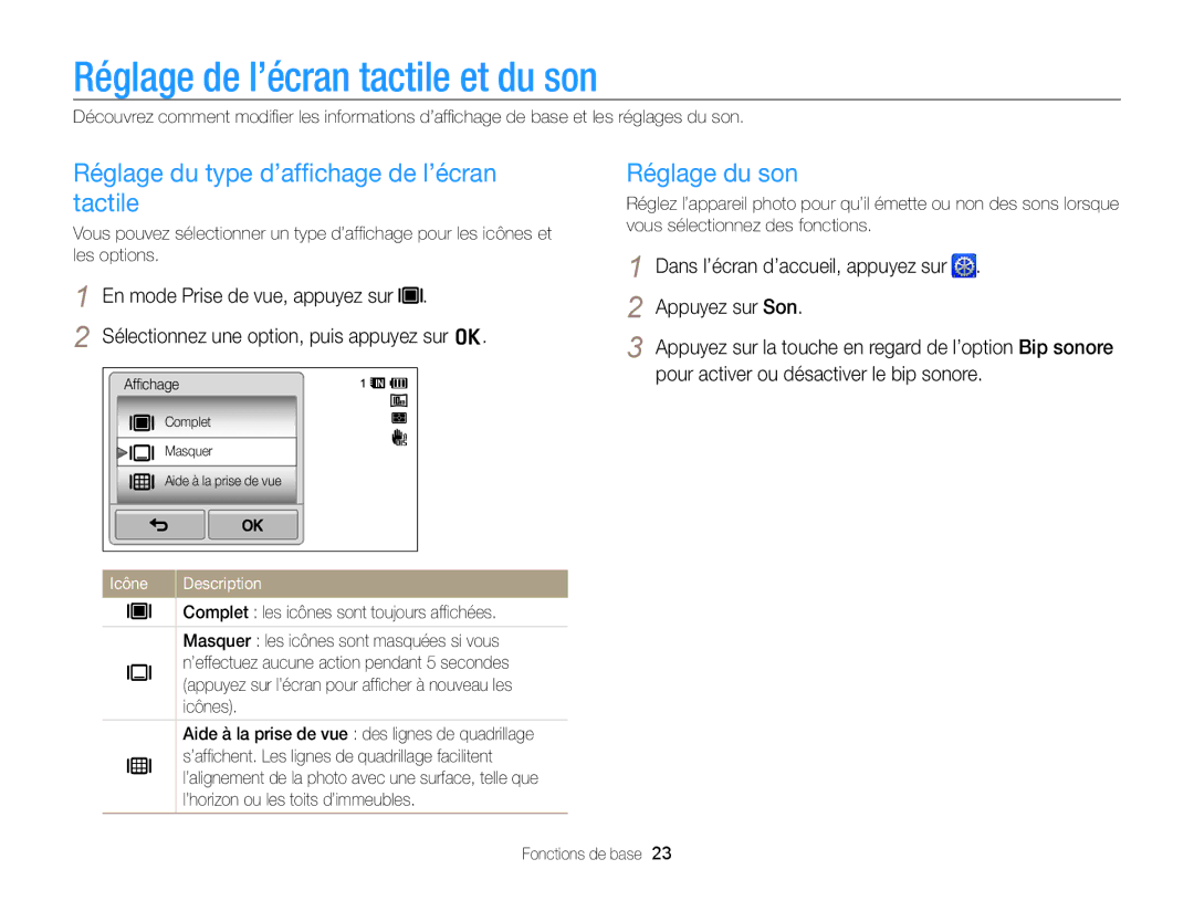 Samsung EC-WB210ZBPRE1 Réglage de l’écran tactile et du son, Réglage du type d’afﬁchage de l’écran tactile, Réglage du son 