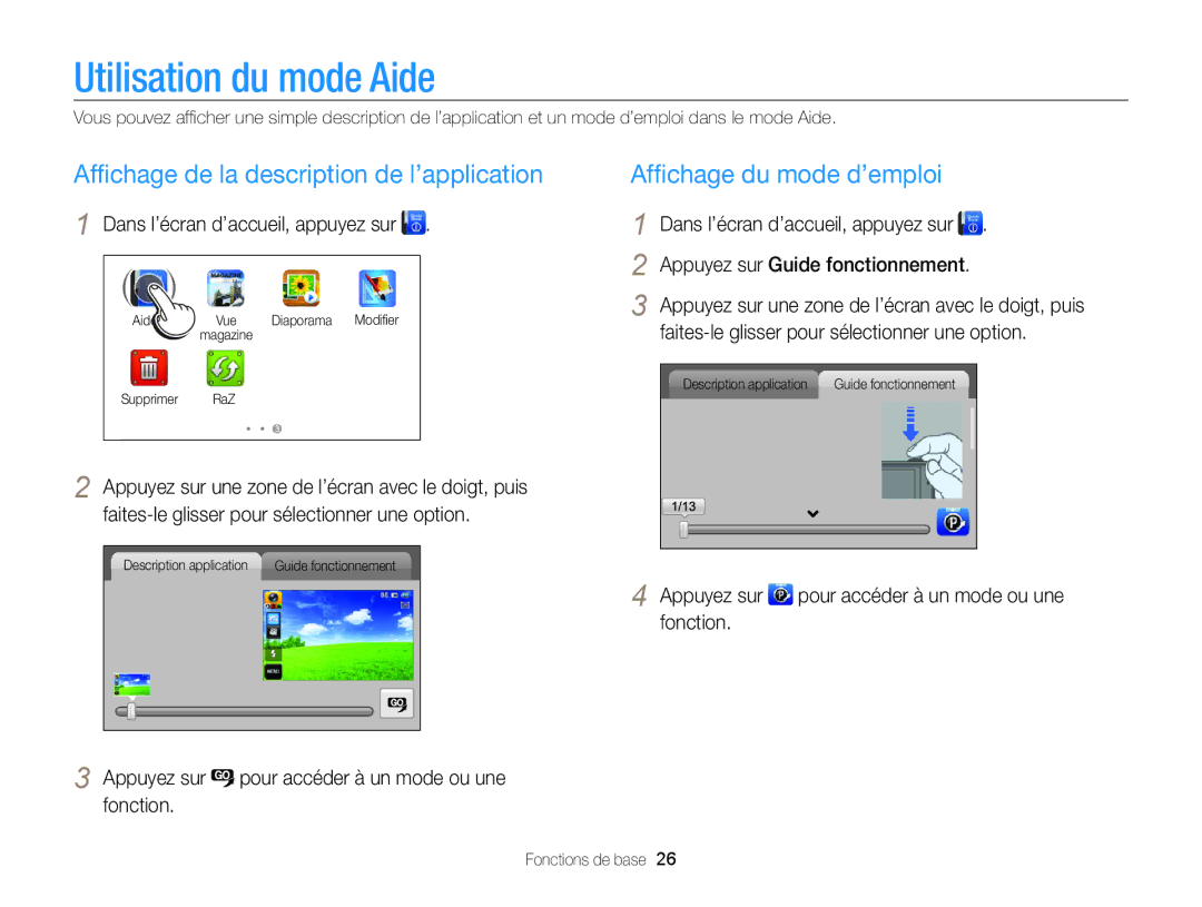 Samsung EC-WB210ZBPBE1 Utilisation du mode Aide, Afﬁchage de la description de l’application, Afﬁchage du mode d’emploi 