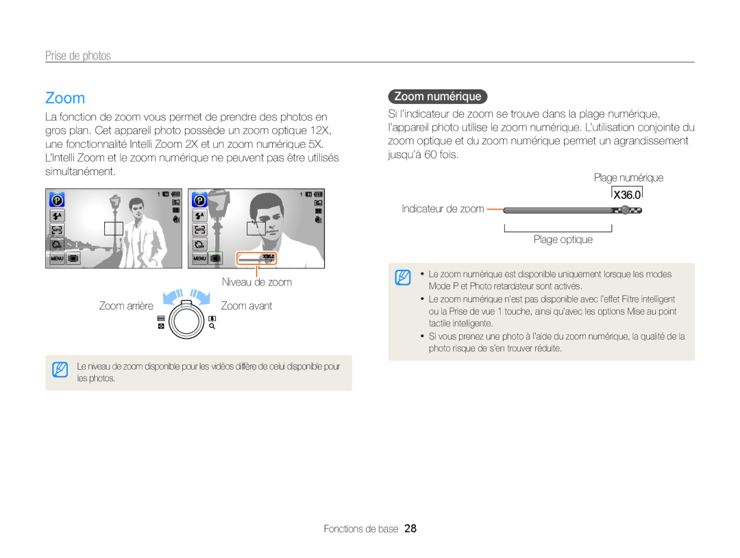 Samsung EC-WB210ZBPBE1, EC-WB210ZBPRE1 manual Prise de photos, Zoom numérique 