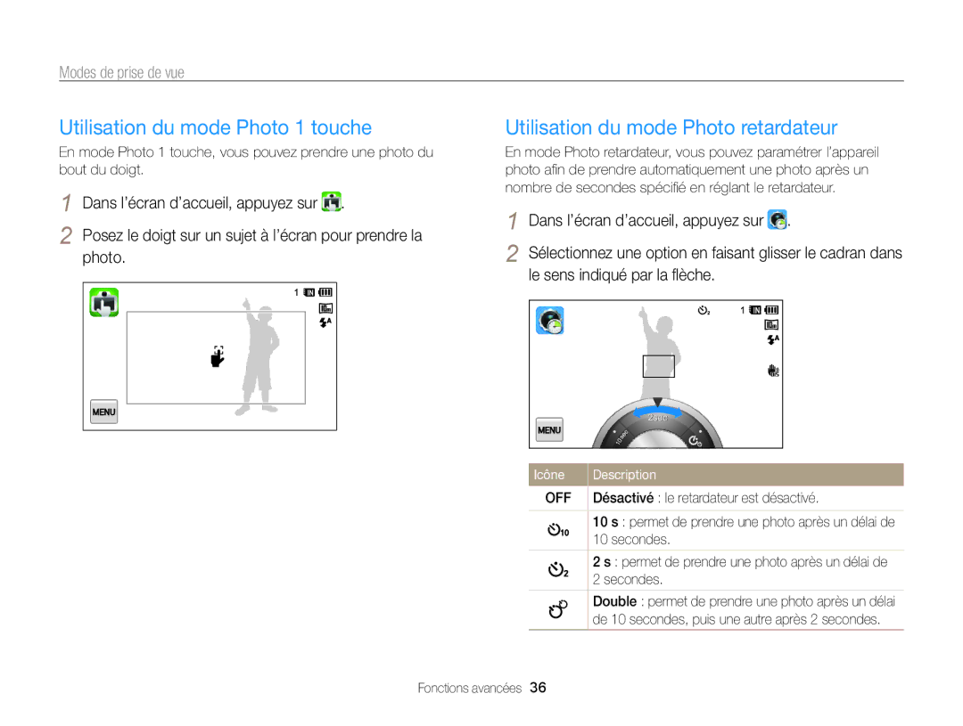 Samsung EC-WB210ZBPBE1, EC-WB210ZBPRE1 manual Utilisation du mode Photo 1 touche, Utilisation du mode Photo retardateur 
