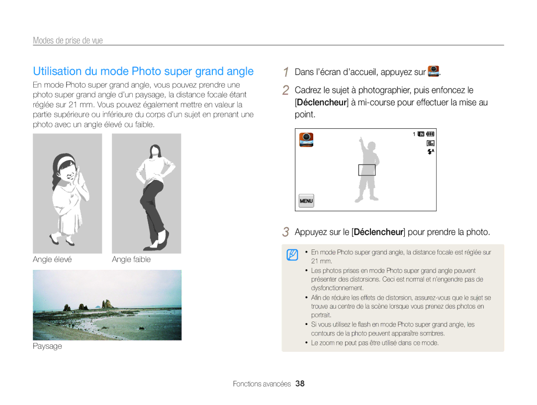 Samsung EC-WB210ZBPBE1, EC-WB210ZBPRE1 manual Utilisation du mode Photo super grand angle, Point, Paysage 