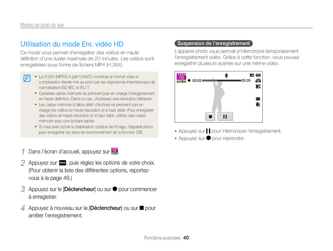 Samsung EC-WB210ZBPBE1, EC-WB210ZBPRE1 manual Utilisation du mode Enr. vidéo HD, Enregistrer, Arrêter l’enregistrement 