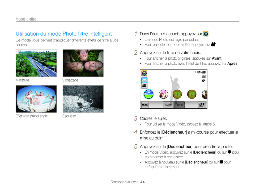 Samsung EC-WB210ZBPBE1, EC-WB210ZBPRE1 Utilisation du mode Photo ﬁltre intelligent, Appuyez sur le ﬁltre de votre choix 