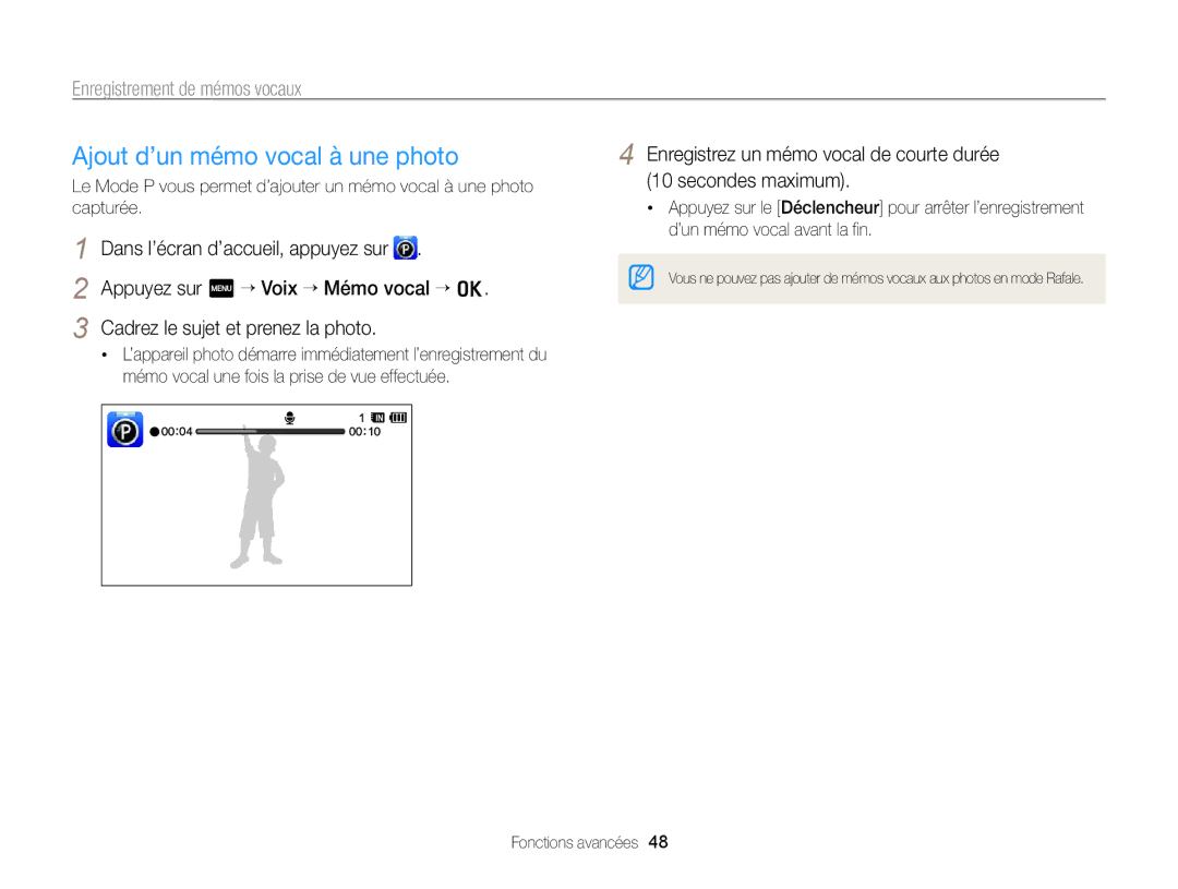 Samsung EC-WB210ZBPBE1, EC-WB210ZBPRE1 manual Ajout d’un mémo vocal à une photo, Enregistrement de mémos vocaux 