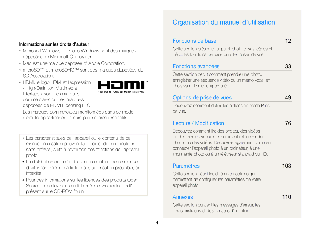 Samsung EC-WB210ZBPBE1, EC-WB210ZBPRE1 manual Organisation du manuel d’utilisation, 103, 110 