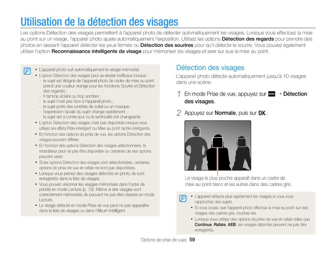 Samsung EC-WB210ZBPRE1, EC-WB210ZBPBE1 manual Utilisation de la détection des visages, Détection des visages 