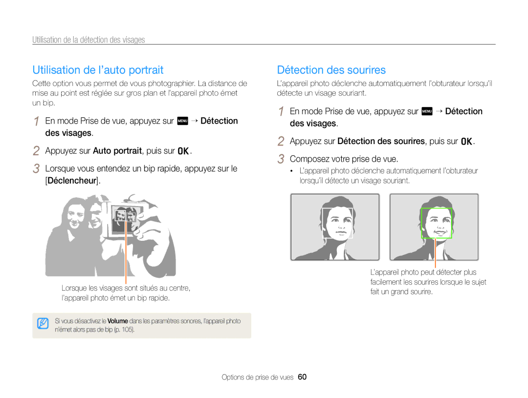 Samsung EC-WB210ZBPBE1 Utilisation de l’auto portrait, Détection des sourires, Utilisation de la détection des visages 