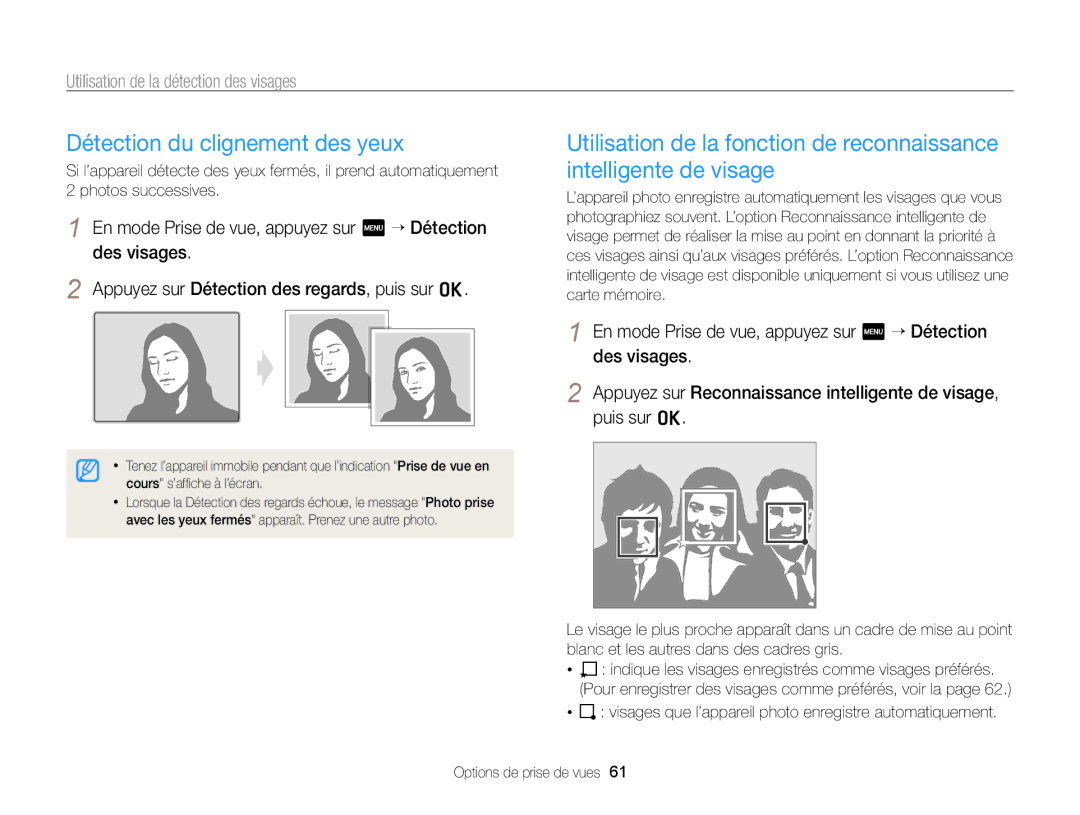 Samsung EC-WB210ZBPRE1, EC-WB210ZBPBE1 manual Détection du clignement des yeux 