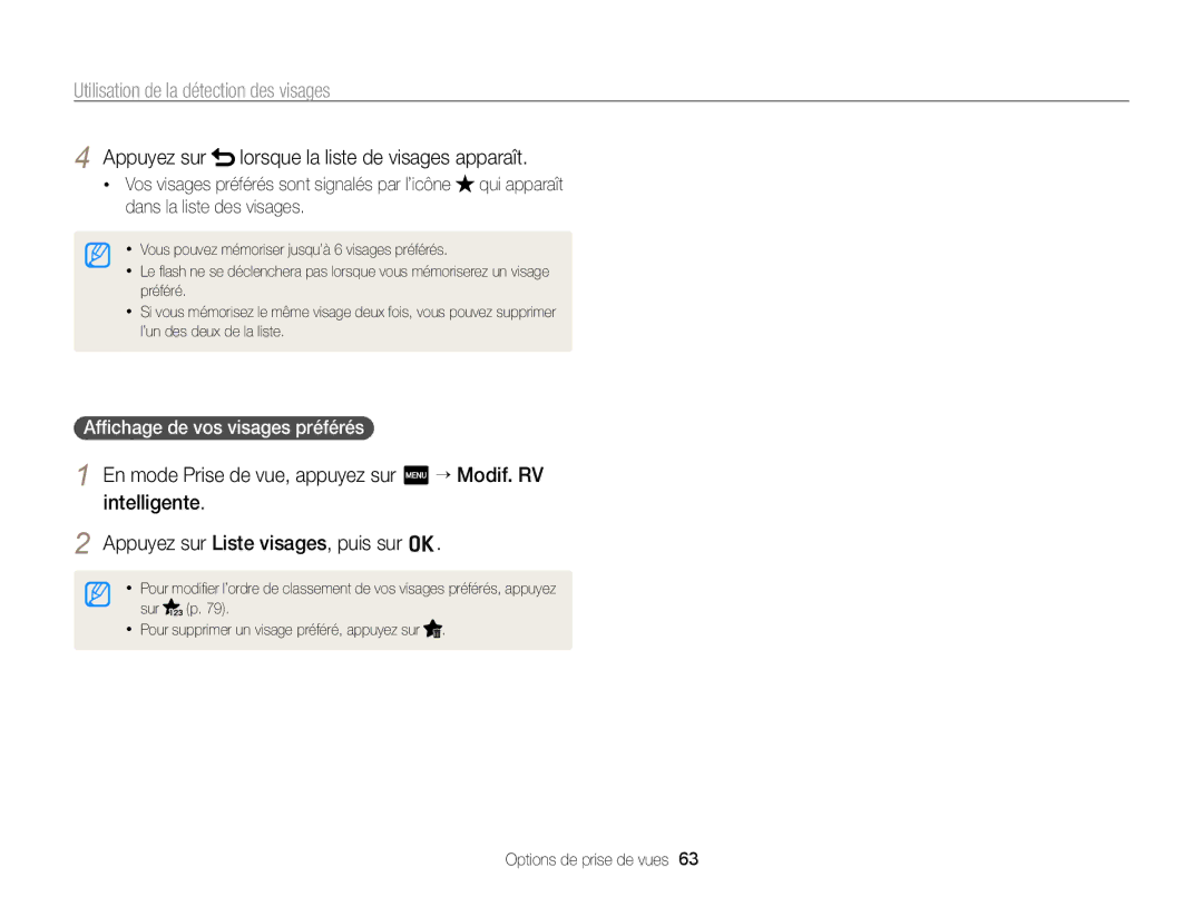 Samsung EC-WB210ZBPRE1, EC-WB210ZBPBE1 Appuyez sur lorsque la liste de visages apparaît, Afﬁchage de vos visages préférés 
