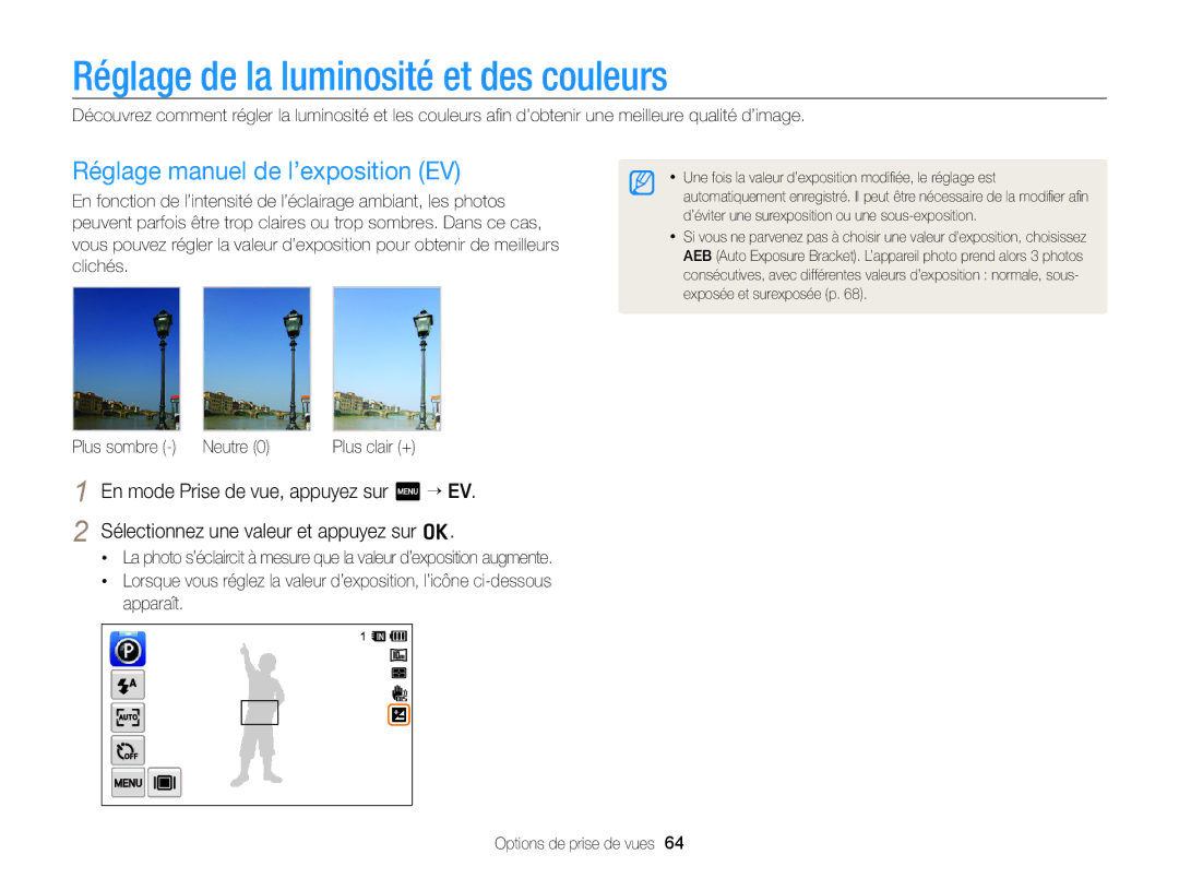 Samsung EC-WB210ZBPBE1, EC-WB210ZBPRE1 manual Réglage de la luminosité et des couleurs, Réglage manuel de l’exposition EV 