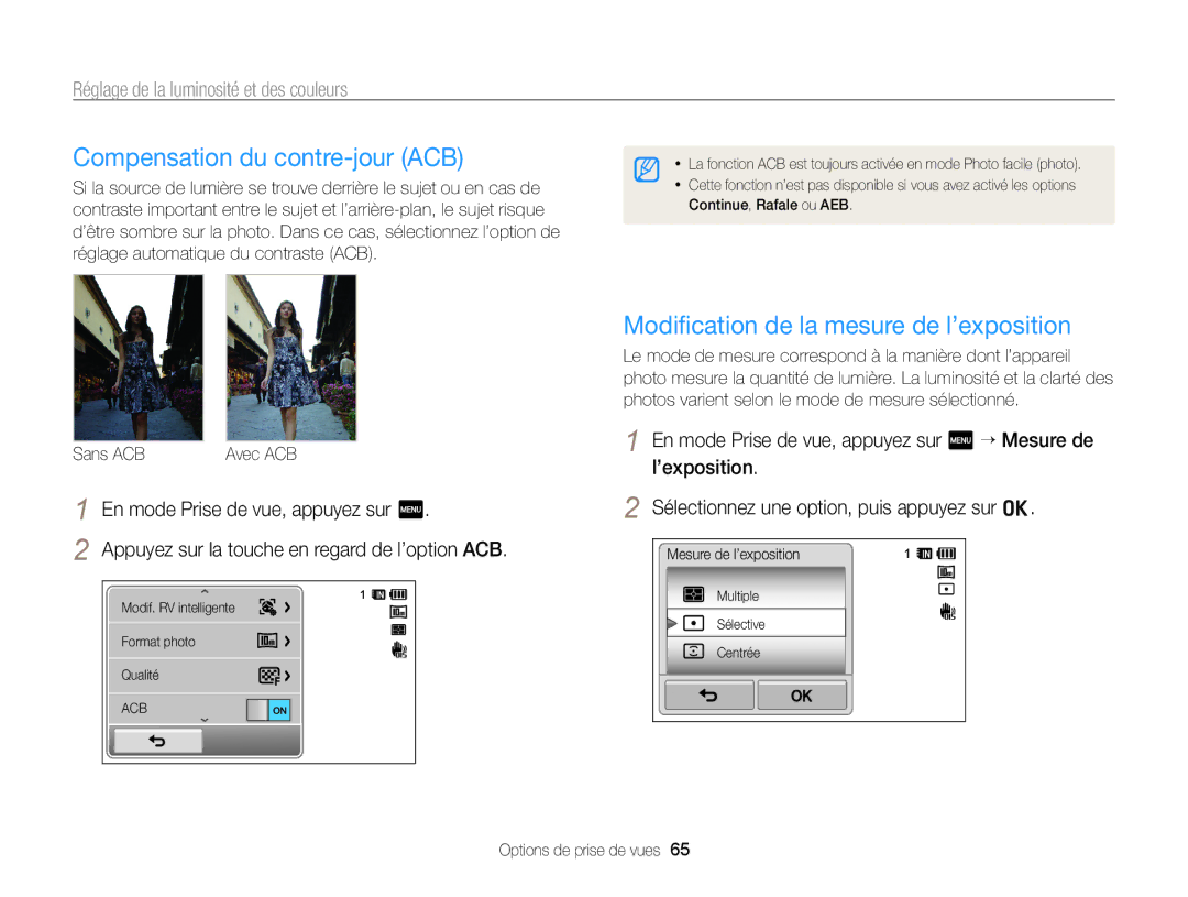 Samsung EC-WB210ZBPRE1, EC-WB210ZBPBE1 manual Compensation du contre-jour ACB, Modiﬁcation de la mesure de l’exposition 