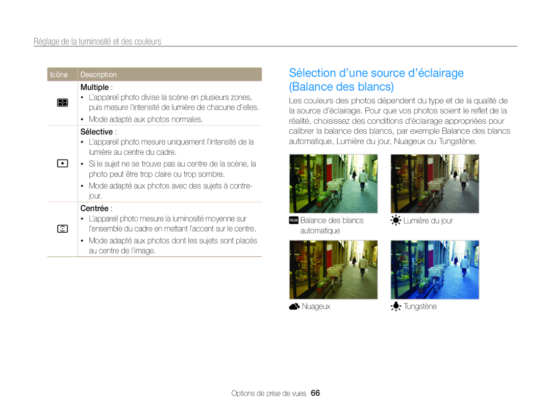 Samsung EC-WB210ZBPBE1, EC-WB210ZBPRE1 manual Sélection d’une source d’éclairage Balance des blancs 