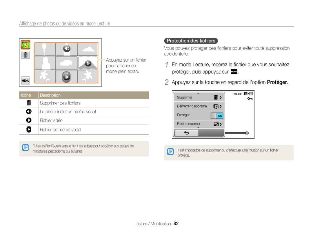 Samsung EC-WB210ZBPBE1, EC-WB210ZBPRE1 manual Protection des ﬁchiers, Miniatures précédente ou suivante 