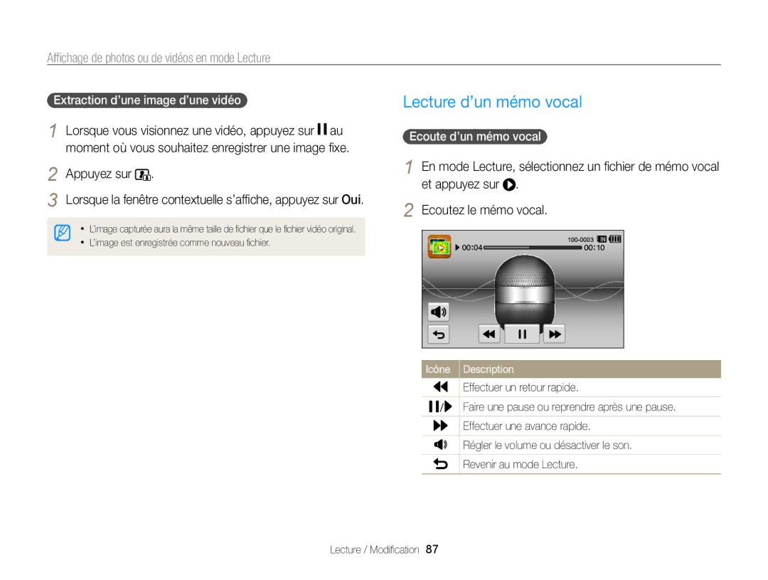 Samsung EC-WB210ZBPRE1, EC-WB210ZBPBE1 Lecture d’un mémo vocal, Extraction d’une image d’une vidéo, Ecoute d’un mémo vocal 