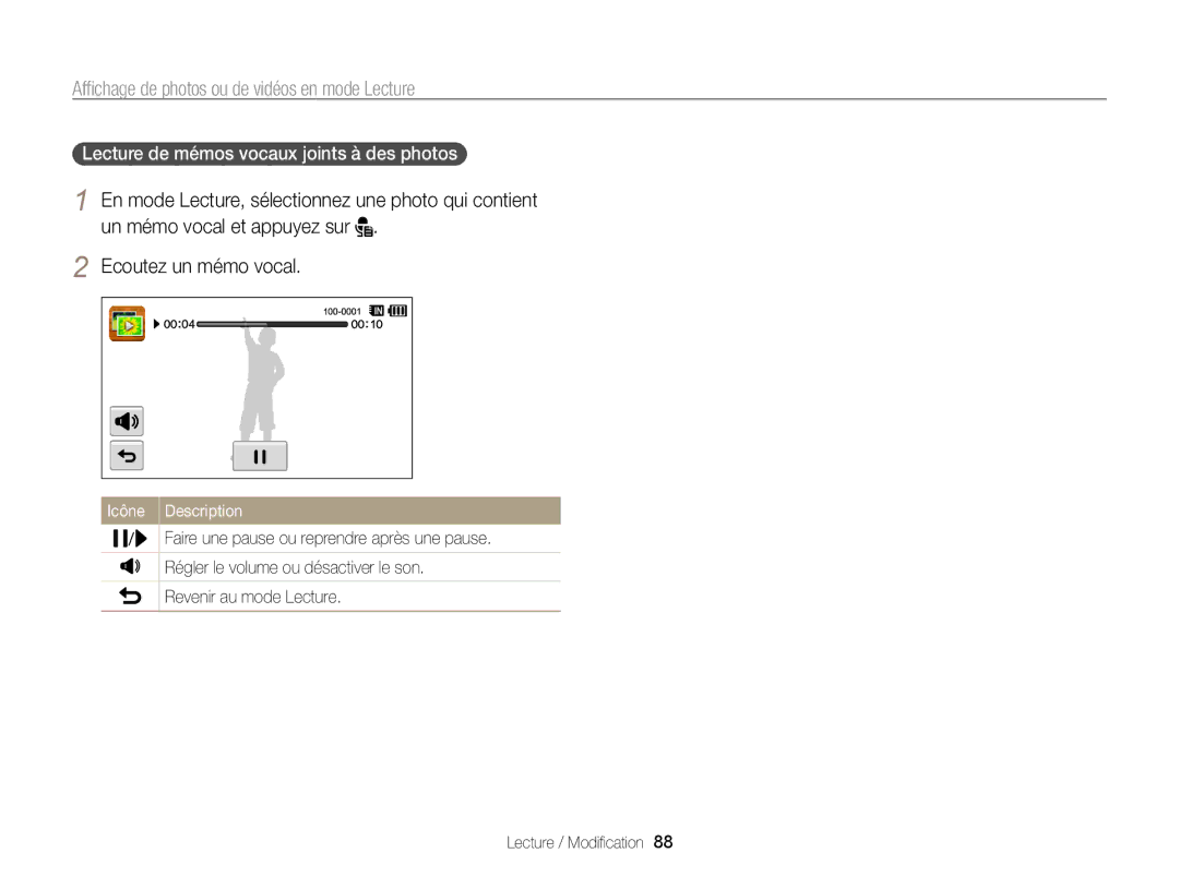 Samsung EC-WB210ZBPBE1, EC-WB210ZBPRE1 manual Lecture de mémos vocaux joints à des photos 