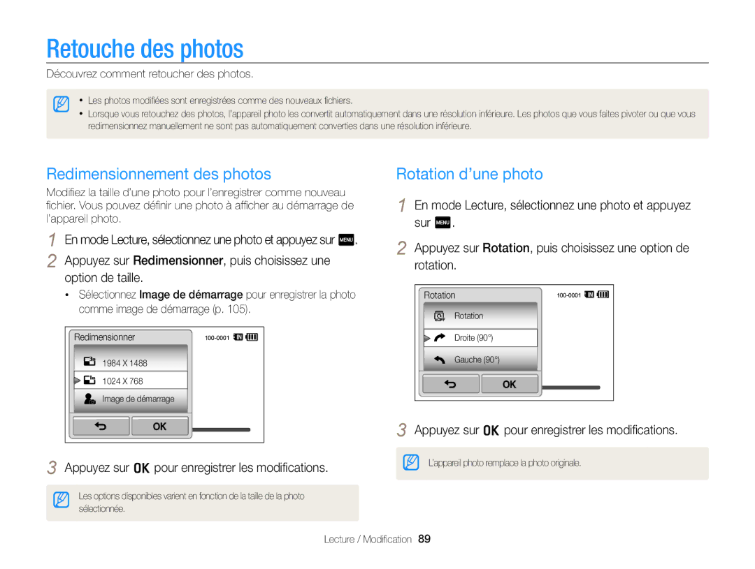 Samsung EC-WB210ZBPRE1 manual Retouche des photos, Redimensionnement des photos, Rotation d’une photo, Option de taille 