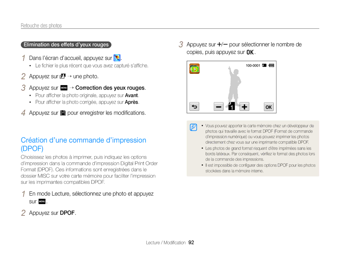 Samsung EC-WB210ZBPBE1, EC-WB210ZBPRE1 Création d’une commande d’impression Dpof, Elimination des effets d’yeux rouges 