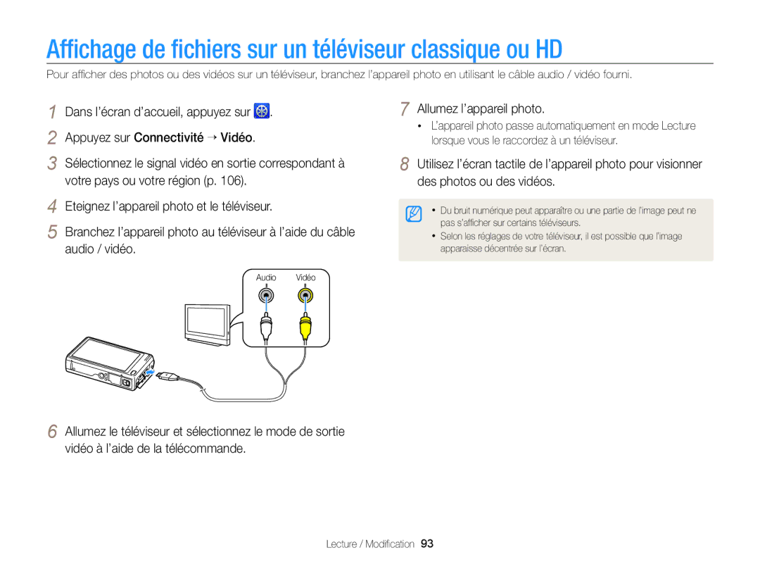 Samsung EC-WB210ZBPRE1, EC-WB210ZBPBE1 manual Afﬁchage de ﬁchiers sur un téléviseur classique ou HD 