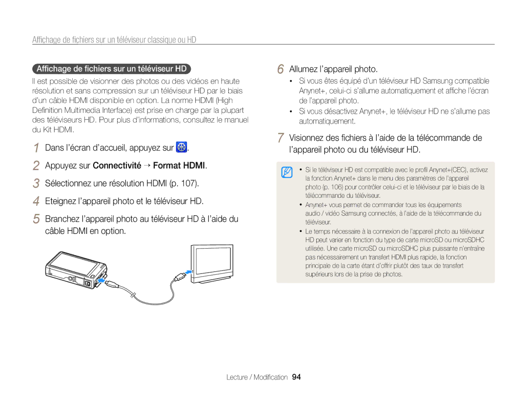 Samsung EC-WB210ZBPBE1 manual Afﬁchage de ﬁchiers sur un téléviseur classique ou HD, Appuyez sur Connectivité “ Format Hdmi 