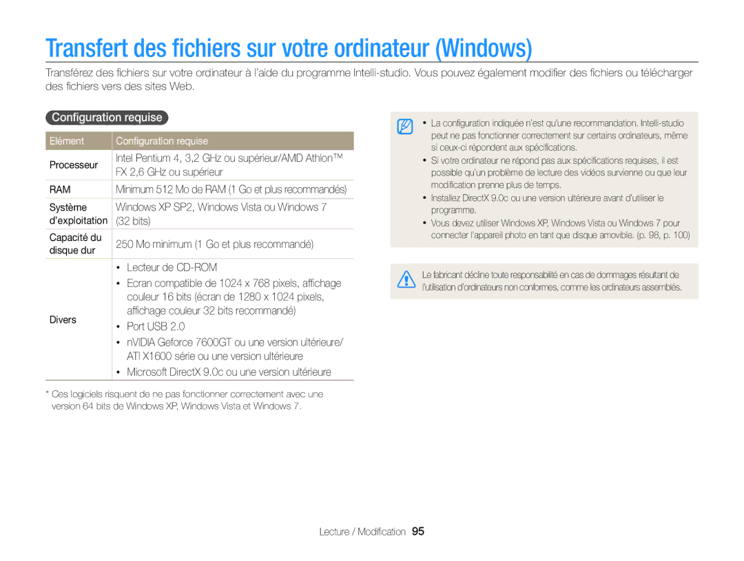 Samsung EC-WB210ZBPRE1, EC-WB210ZBPBE1 manual Transfert des ﬁchiers sur votre ordinateur Windows, Conﬁguration requise 