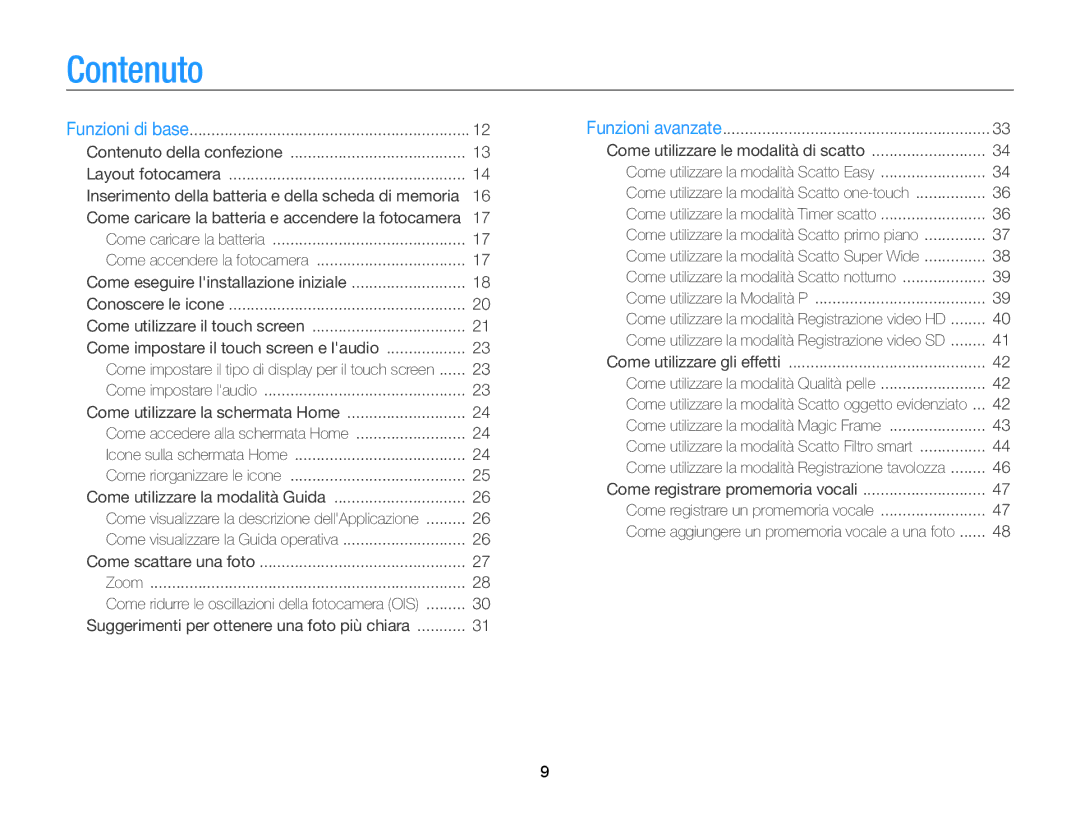 Samsung EC-WB210ZBPRE1, EC-WB210ZBPBE1 manual Contenuto, Come impostare il touch screen e laudio 