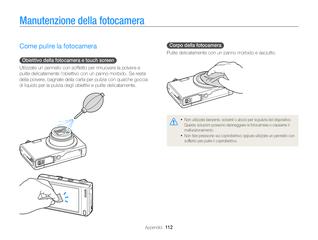 Samsung EC-WB210ZBPBE1 Manutenzione della fotocamera, Come pulire la fotocamera, Obiettivo della fotocamera e touch screen 