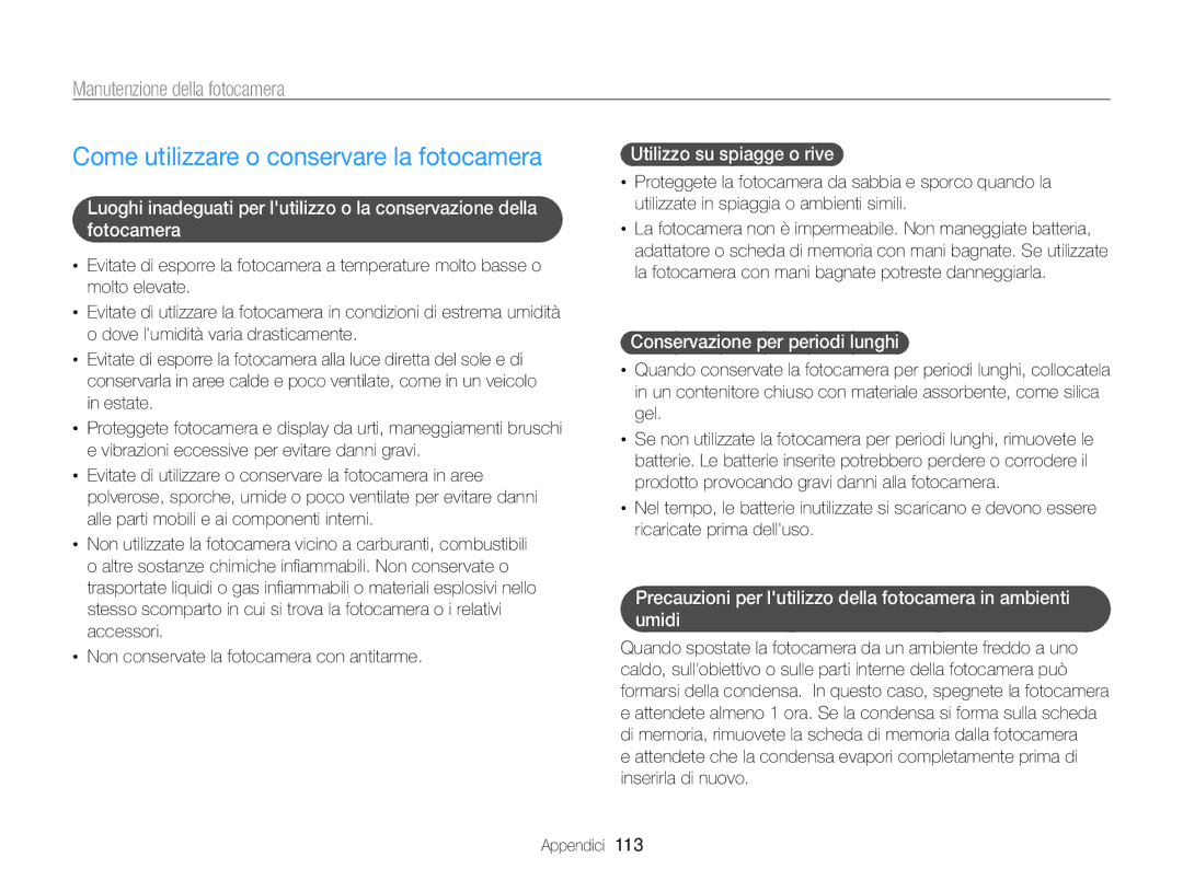 Samsung EC-WB210ZBPRE1, EC-WB210ZBPBE1 manual Come utilizzare o conservare la fotocamera, Manutenzione della fotocamera 